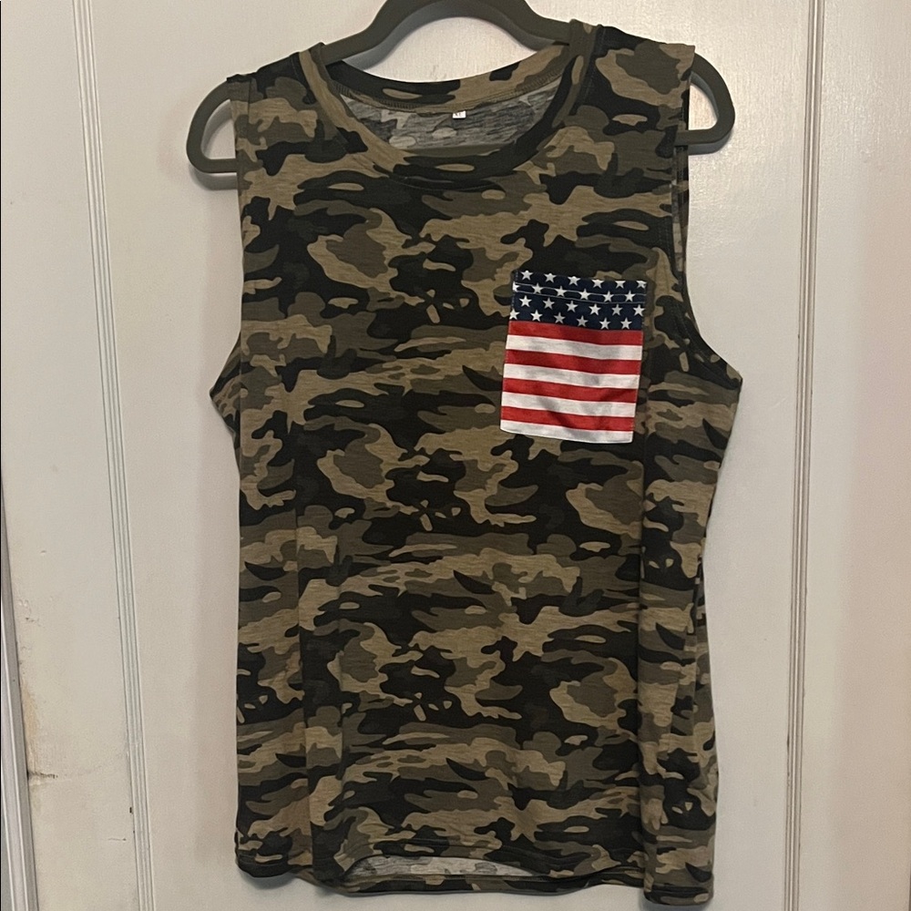 Women’s Olive Camo Tank Top with American Flag Pocket
